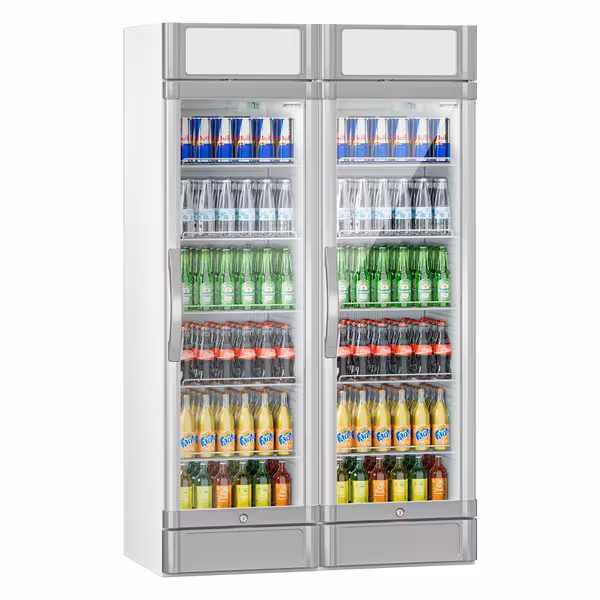 (2 buc) Vitrină frigorifică pentru băuturi - 694 litri - 2 uși din sticlă batante & panou promoțional - afișaj digital - temperatură +2/+10 °C