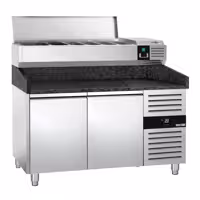 Stół chłodniczy do pizzy PREMIUM - 1500x800mm - z blatem granitowym - 2‑drzwiowy - z nadstawką chłodniczą - 6x GN 1/3