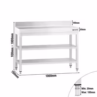 Mesa de trabalho em aço inoxidável PREMIUM - 1000x700mm - com prateleira inferior & com painel traseiro & com prateleira intermédia & com travessas de reforço