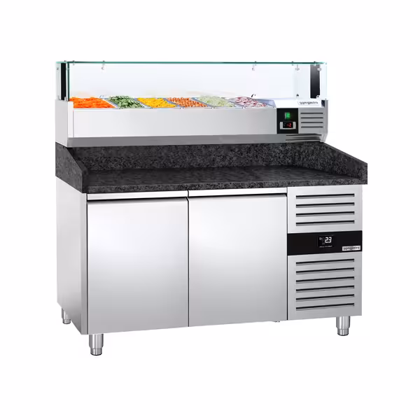 Stół chłodniczy do pizzy PREMIUM - 1500x800mm - z blatem granitowym - 2‑drzwiowy - z nadstawką chłodniczą z osłoną szklaną z oświetleniem LED - 6x GN 1/3