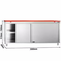 Arbetskåp i rostfritt stål PREMIUM - 2000x600 mm - med 2 skjutdörrar - inkl. skärbräda röd
