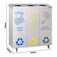 Ecoponto - Módulo de encastre - 3 compartimentos de 25L cada - 755x725x255mm - com rodas - 2 rodas com travão, autocolantes de reciclagem incluídos - Aço inoxidável