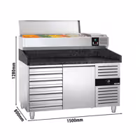 Stół chłodniczy do pizzy PREMIUM - 1500x800mm - z blatem granitowym - 1‑drzwiowy, 7 szuflad - z nadstawką chłodniczą - 6x GN 1/3