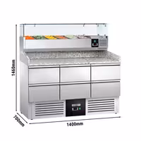 Table réfrigérée à pizza PREMIUM - 1400 x 700 mm - avec 6 tiroirs 1/2 - incl. vitrine réfrigérée avec 6 x GN 1/4