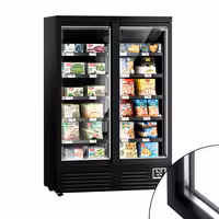 Commercial multideck display freezer - 1260mm - 991L - with 2 double‑glazed hinged glass doors & 5 shelves - Black