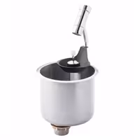 Dondurma Kaşık Yıkama Ünitesi - Kepçe Yıkama 141x141x110mm WATERSTOP ile kepçe yıkama duşu & entegre su geri akış önleyici & entegre su jeti regülatörü süzgeç tabağı dahil & süzgeç parçası dahil