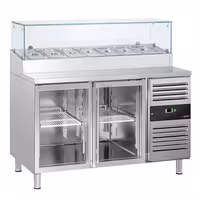 Stół przygotowawczy PREMIUM – 1360 mm – z 2 drzwiami szklanymi – z nadstawką szklaną na 7x GN 1/3