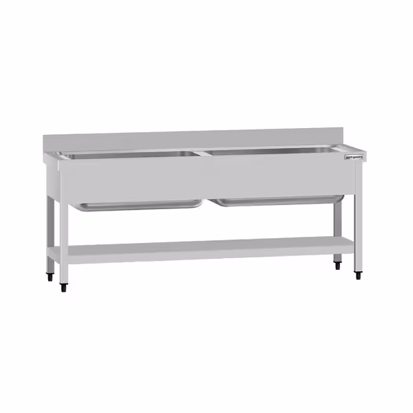 طاولة غسيل الأواني ECO - 1800x700mm - مع أرضية سفلية - مع حوضين - ستانلس ستيل 304
