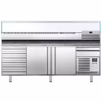 Table réfrigérée à pizza Premium PLUS - 2305 x 800 mm - avec 2 portes & 7 tiroirs - incl. vitrine réfrigérée de présentation - 10x GN 1/3