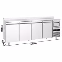 Stół chłodniczy barowy do napojów PREMIUM – 2690 x 600 mm – z 4 drzwiami, rantem i odbijakiem do kawy