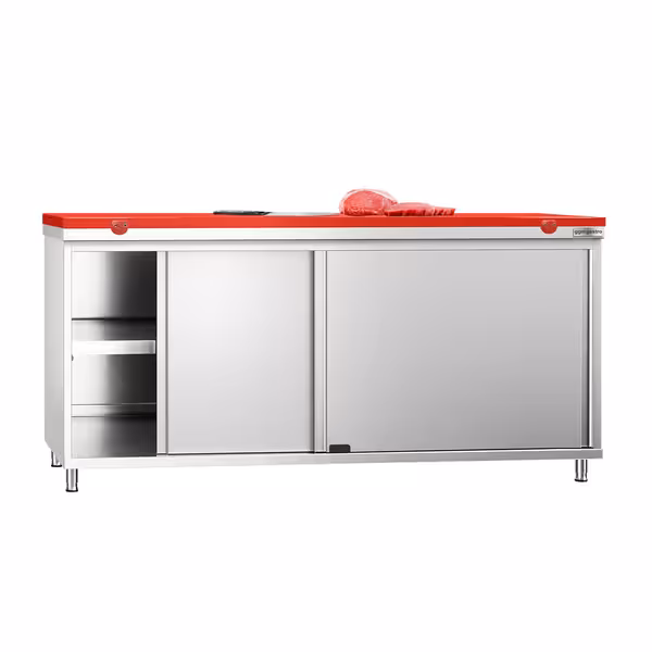 Arbetskåp i rostfritt stål PREMIUM - 1800x600 mm - med 2 skjutdörrar - inkl. skärbräda röd