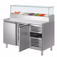 Stół przygotowawczy PREMIUM – 1360 mm – z 2 drzwiami – z nadstawką szklaną na 7x GN 1/3