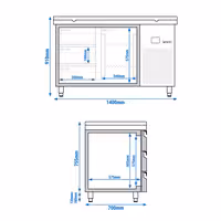 Rashladni pult PREMIUM - 1400x700 mm - 281 l - Boja Crvena - Ventilirano hlađenje - s 1 vrata - s 3 ladica - uklj. Ploča za rezanje Crvena