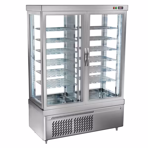 4-Sided Glass Display Freezer - 935L - 1320mm - Triple glazing - round - with 12 rotating shelves - 2 glass doors - for patisserie - Silver