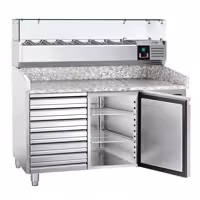 Stół chłodniczy do pizzy ECO - 1500x800mm - z blatem granitowym - 1‑drzwiowy, 7 szuflad - z nadstawką chłodniczą z osłoną szklaną z oświetleniem LED - 7x GN 1/4