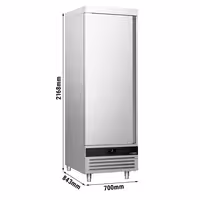 Nerezová chladicí skříň PREMIUM - GN 2/1 - 700 mm - 700 l - až +8 °C - s 1 dveře - Digitální termostat; Samozavírací dveře; Ventilované chlazení; Automatické odmrazování; LED osvětlení