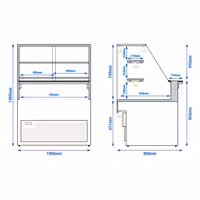 Csemegepult TORONTO - 1000x880 mm - 568 liter - ventilációs - dupla üvegezés - 2 polccal - fekete gránit munkalap