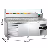 Stół chłodniczy do pizzy ECO – 2000 x 800 mm – z 2 drzwiami i 7 szufladami – z witryną nadstawną chłodniczą LED na 9x GN 1/3