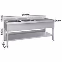 Stainless Steel Commercial Sink Unit ECO - 2000x700mm - with Double Bowl Left-hand - with Undershelf - with Upstand