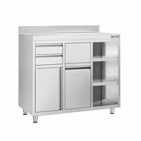Mesa de trabalho mural - PREMIUM - para máquina de café - 1200x600mm - com 2 gavetas, porta de batente, caixote de lixo & espelho sanitário