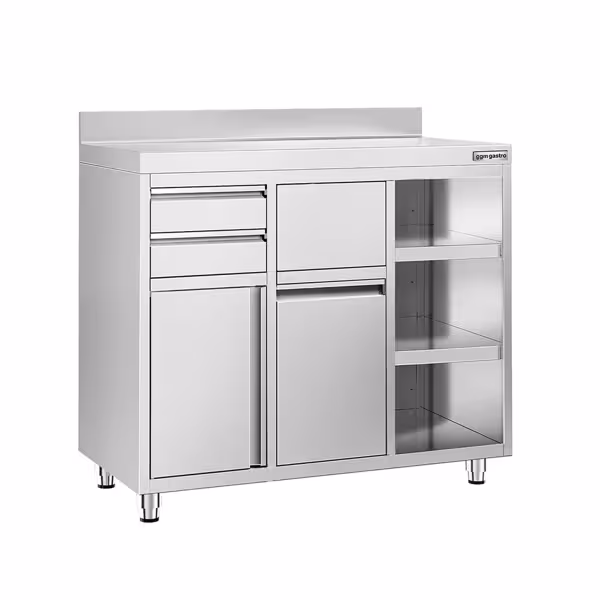 Paslanmaz Çelik Dolaplı Cafe / Bar Çalışma Tezgahı - Kahve ve Espresso Makinesi için - 1200x600 mm - 2 Çekmeceli - 1 Menteşeli Kapılı - Şutlu Çöp Hazneli - Devrilebilir Çöp Hazneli - Sırtlıklı - Sağ Tarafta Ayarlanabilir Raflı