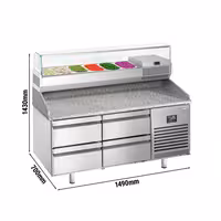 Table réfrigérée à pizza Premium PLUS - 1490x700 mm - avec 4 tiroirs - incl. vitrine réfrigérée - 6x GN 1/4