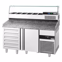 Stół chłodniczy do pizzy PREMIUM - 1550x800mm - z blatem granitowym - 1‑drzwiowy, 5 szuflad - z nadstawką chłodniczą z osłoną szklaną - 6x GN 1/3