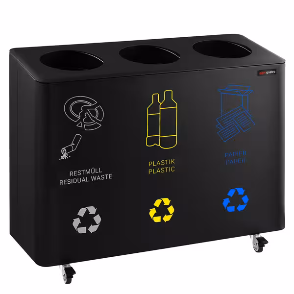 Pattumiera per raccolta differenziata - 3 scomparti da 25 litri ciascuno - 960x360x640mm - con 4 ruote (2 con freno) - Nero - Acciaio (struttura), contenitori in plastica