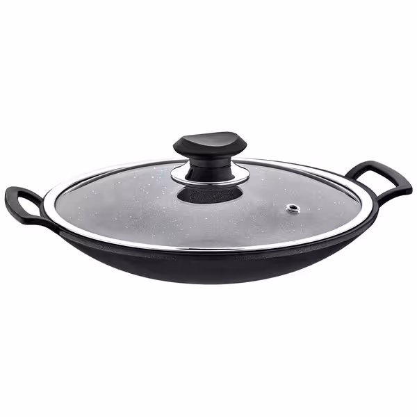 Poêle wok - Ø 300 mm - antiadhésive - hauteur : 115 mm - avec couvercle en verre