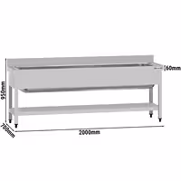 Grovdiskbänk i rostfritt stål ECO - 2 000x700 mm - med underhylla - 1 ho mitten - extra djup ho - med stänkskydd