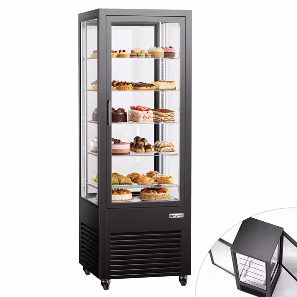 4-Sided Glass Display Fridge - 440L - 675mm - Double glazing - with 5 glass shelves - front & rear glass doors - for drinks & dairy - Black