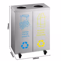 Ecoponto - Módulo de encastre - 2 compartimentos de 25L cada - 500x720x250mm - com rodas - 2 rodas com travão, recipientes interiores amovíveis, conjunto de autocolantes para Papel/Plástico/Indiferenciados/Biorresíduos - Aço inoxidável