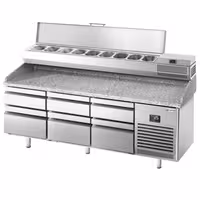 طاولة تحضير بيتزا مبردة PREMIUM PLUS - 1980x700 mm - مع 6 أدراج - سطح عمل جرانيت - شامل وحدة تبريد علوية - 9x GN 1/4