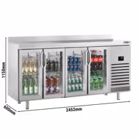 Stół chłodniczy barowy do napojów Premium PLUS – 2452 x 700 mm – z 4 drzwiami szklanymi i rantem