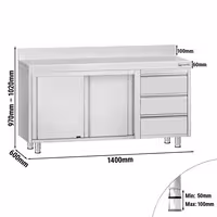 خزانة قاعدية ستانلس ستيل KOPENHAGEN ECO - 1400x600mm - أبواب منزلقة & مع حاجز خلفي - وحدة أدراج 3 يمين