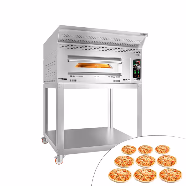 Commercial Gas Pizza Oven – 1-deck - 9x Ø34 cm - manual - hood + stand + castors