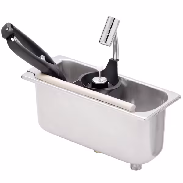 Dispozitiv clătire porționator înghețată - 269x110x115 mm - cu supapă antiretur - incl. tavă sită, țeavă preaplin, profil de lovire, suport de scurgere pentru porționator