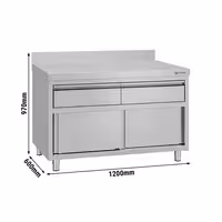 خزانة عمل من الفولاذ المقاوم للصدأ طراز ECO - 1200 × 600 مم - بحافة مرتفعة - مزودة بدرجين وباب منزلق