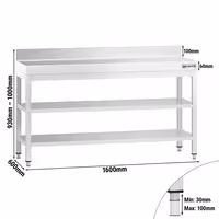 Commercial Stainless Steel Centre Table PREMIUM - 1600x600mm - with Undershelf - with Rear Upstand - with 2 Undershelves - with Additional Undershelf (mid-shelf) - with Cross Bracing
