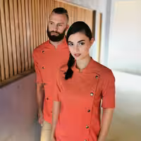KARLOWSKY | Ġakketta ta' chef b'idejn qosra u stil denim għan-nisa – Aħmar Vintage – Daqs: 34