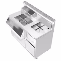 Koktel stanica - inox - 1200x720 mm - s 2 ladice, sudoper desno, 8 GN spremnika (1x 2/3, 1x 1/4, 2x 1/6, 4x 1/9) & higijenska zaštita i šipka za čuvanje boca