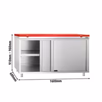 Roostevabast terasest tööpinnaga kapp PREMIUM - 1600x600 mm - koos 2 lükanduksega - sh lõikelaud, värv: punane