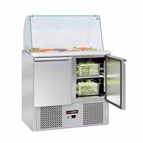 Stół chłodniczy sałatkowy American Style ECO - 900mm- 240L - 2 drzwi - z nadstawką wysoką szklaną - z otworem na 2x GN 1/1 & 3x GN 1/6