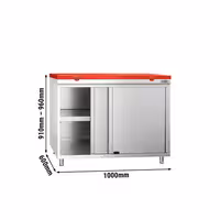 Arbetskåp i rostfritt stål PREMIUM - 1000x600 mm - med 2 skjutdörrar - inkl. skärbräda röd