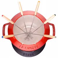 STAUB | Cast Iron Fondue Set – Ø 20 cm - Cherry Red - 6 Forks, Burner, Board