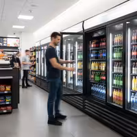 Commercial Beverage Display Fridge with Illuminated Canopy - 2050mm - 1500 Litres - with 3 hinged glass doors - LED lighting - digital controller with temperature display - Black/White - Temperature range 2 to 8 °C