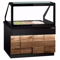 Saladette refrigerata professionale TORONTO - 1250mm - rivestimento frontale in legno - 2 porte - con vetrina in vetro dritto per 3x GN 1/1, 1 ripiano - piano di lavoro in granito nero