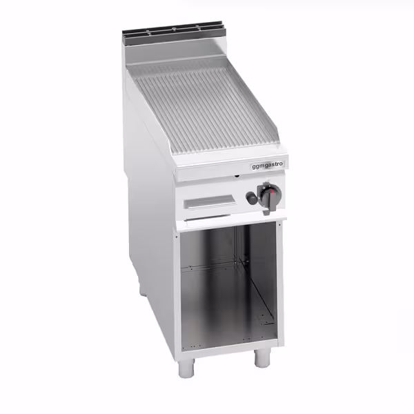Gázüzemű rostlap - 10 kW - Bordázott - Sütőfelület: 396x667 mm - álló - nyitott tárolóval - Professzionális