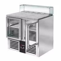 Stół chłodniczy sałatkowy PREMIUM – 900 mm – z 2 drzwiami szklanymi – z nadstawką szklaną na 5x GN 1/6