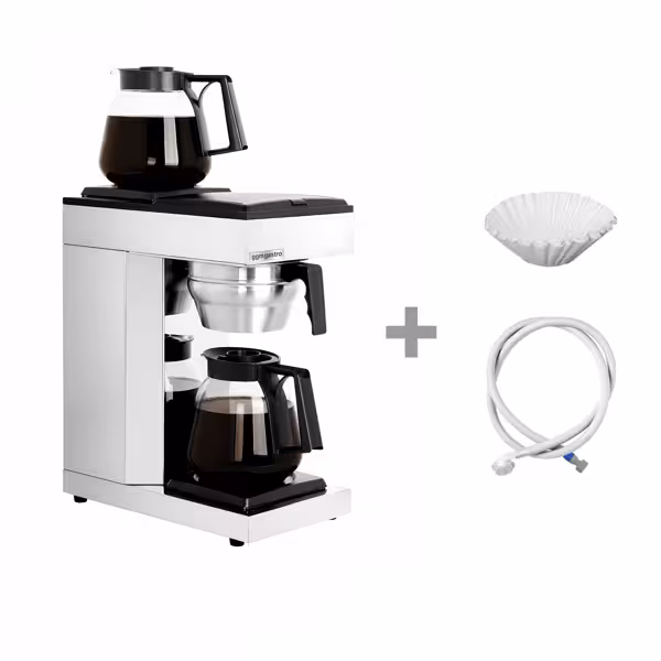 Filtre Kahve Makinesi profesyonel - 1,8L - 2,39 kW - manuel su beslemeli & 2 sıcak plaka & sinyal sesi & termokinetik & PID kontrol ile - 2 cam sürahi & filtre tutucu & 25 adet 110mm filtre & su giriş hortumu dahil